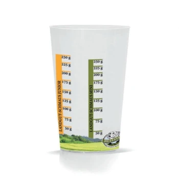 Messbecher für Haustierfutter mit Markierungen für 'Landgut Schmaus Junior' und 'Landgut Schmaus Mini', zeigt Gewicht in Gramm an.