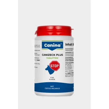 Canina Canizeck Plus Tabletten für Hunde, mit einem roten Deckel, mit Nährwertinformationen und Dosierungsrichtlinien auf dem Etikett.