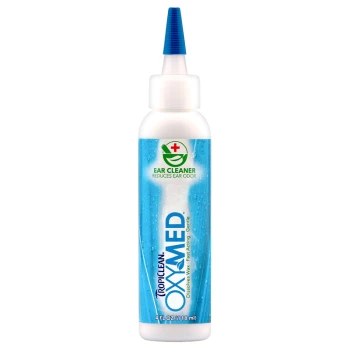 TropiClean OxyMed Ear Cleaner bottle, 4 FL OZ (118 ml), with blue label stating "EAR CLEANER REDUCES EAR ODOR" and a green logo.