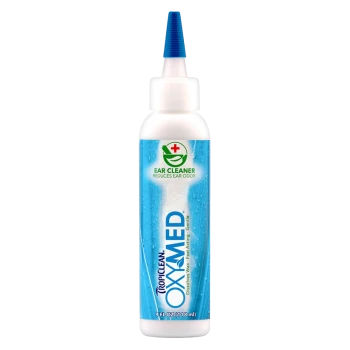 TropiClean OxyMed Ear Cleaner bottle, 4 FL OZ (118 ml), with blue label stating "EAR CLEANER REDUCES EAR ODOR" and a green logo.