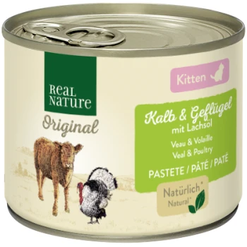 Original Nassfutter Katze, Kitten, Kalb und Geflügel mit Lachsöl 6x200 g Dosenkatzenfutter für Kätzchen mit der Aufschrift "Real Nature Original," mit Kalbfleisch und Geflügel mit Lachsöl, in einem pastellfarbenen Design.