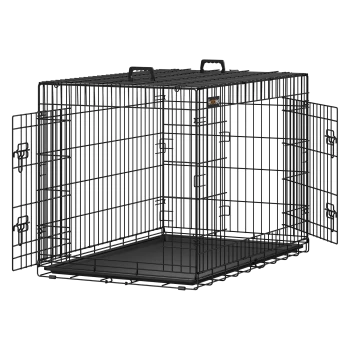 Schwarze Metallhaustierbox mit zwei Türen, einer abnehmbaren Kunststoffschale am Boden und Griffen oben für einfachen Transport.