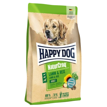 Happy Dog NaturCroq Hundefutterbeutel mit einem Golden Retriever auf der Vorderseite, beschriftet mit 'Lamm & Reis' für Erwachsene.