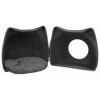 Dark gray felt cat cave with zip-open two-panel design, round entrance hole and removable round plush cushion.