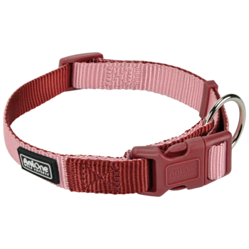 Un collier pour animaux de compagnie réglable rouge et rose avec une boucle en plastique et un anneau en D en métal, présentant le logo de la marque "AniOne Wild Variety."