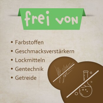 Bild zur Förderung von Haustierfutter mit einem grünen "frei von" Banner, das Zutaten auflistet: keine Farbstoffe, Geschmacksverstärker, Lockstoffe, GVO oder Getreide.