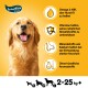 Lächelnder Golden Retriever auf gelbem Hintergrund, der die Vorteile von Hundefutter bewirbt: Omega 3, Vitamine, Mineralien, keine künstlichen Aromen. Für Hunde von 2-25 kg.