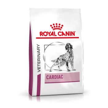 Royal Canin Veterinary Cardiac Hundefutterbeutel mit einer schwarz-weißen Illustration eines Hundes, mit "VETERINARY" und "CARDIAC" deutlich angezeigt.