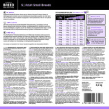 Hundefutteretikett: ‚Breed Selection S | Adult Small Breeds‘ mit Fütterungsempfehlung, Gewicht-/Aktivitätsdiagramm und mehrsprachigen Nährwertangaben.