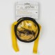 Harry Potter reinforced squeaky TPR round dog toy with yellow and black design, hanging straps, and packaging label.
