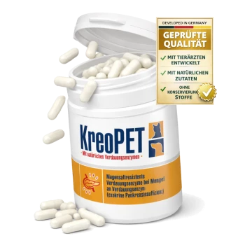 Geöffnete Dose des KreoPET-Verdauungszusatzes für Haustiere mit herausfallenden weißen Kapseln; goldenes Siegel mit der Aufschrift "GEPRÜFTE QUALITÄT" und "DEVELOPED IN GERMANY".