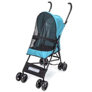 Ein blauer Haustierwagen mit einem Netzdach und schwarzem Rahmen, mit vier Rädern und einem "nobleza"-Logo auf der Vorderseite.