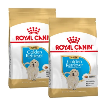 Zwei Säcke Royal Canin Puppy Golden Retriever Hundefutter, mit einem Bild eines Golden Retriever Welpen auf der Vorderseite und Nährwertinformationen.