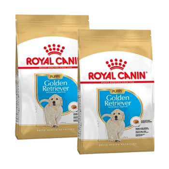 Deux sacs de nourriture pour chiots Royal Canin Golden Retriever, présentant un chiot golden retriever sur le devant et des informations nutritionnelles.