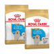 Deux sacs de nourriture pour chiots Royal Canin Golden Retriever, présentant un chiot golden retriever sur le devant et des informations nutritionnelles.