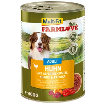 Dosenfutter für Hunde "MultiFit FARMLove" mit einem lächelnden Hund, enthält Huhn, Geflügelherzen, Kürbis und Paprika.
