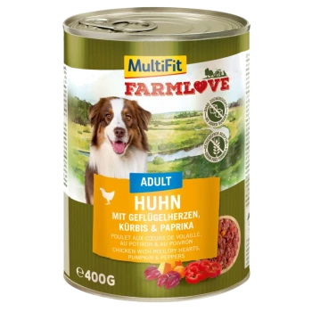 Blik hondenvoer 'MultiFit FARMLove' met een lachende hond, met kip, gevogeltehartjes, pompoen en paprika's.