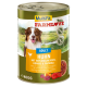 Karma w puszce dla psów "MultiFit FARMLove" z uśmiechniętym psem, zawierająca kurczaka, serca drobiowe, dynię i paprykę.