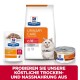 Hill's Prescription Diet Urinary Care für Katzen: Trockenfutterbeutel, Feuchtfutterbeutel, Dose und eine weiße Katze mit deutschem Text.