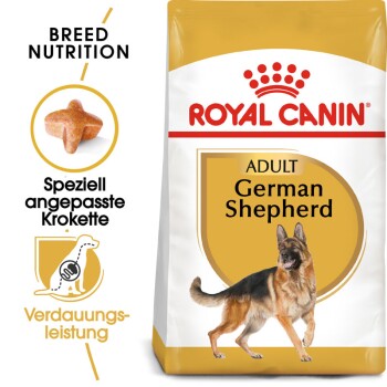Royal Canin Adult Deutscher Schäferhund Futtertüte, die einen Deutschen Schäferhund zeigt und die rassespezifische Ernährung und Verdauung hervorhebt.