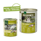 Bild von "Wilderness Senior True Country" Haustierfutter: eine Dose und eine Dose, die einen Wolf, Fisch, "95% Fleisch" und "verbesserte Formel" zeigt.