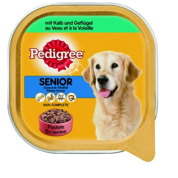Verpackung von Pedigree Senior Hundefutter mit der Silhouette eines Golden Retrievers, mit Text, der "mit Kalb und Geflügel" und "100% COMPLETE" angibt.