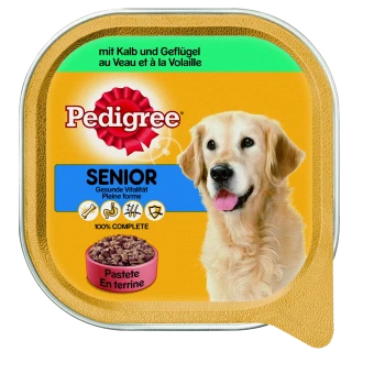 Verpackung von Pedigree Senior Hundefutter mit der Silhouette eines Golden Retrievers, mit Text, der "mit Kalb und Geflügel" und "100% COMPLETE" angibt.