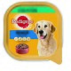 Verpackung von Pedigree Senior Hundefutter mit der Silhouette eines Golden Retrievers, mit Text, der "mit Kalb und Geflügel" und "100% COMPLETE" angibt.