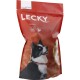 Sac rouge de friandises pour chiens Lecky avec un chien noir et blanc aux yeux bleus sur le devant, étiqueté "Quicky's" et "Traditionnel."