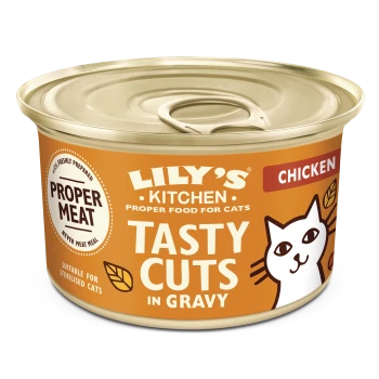 Lily's Kitchen Tasty Cuts in Gravy chicken cat food can, labeled proper meat, suitable for sterilised cats.