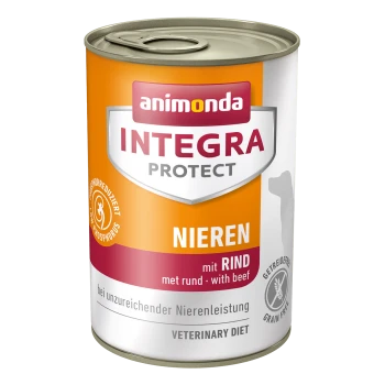 Dose Hundefutter mit der Aufschrift "animonda INTEGRA PROTECT NIEREN" mit Rindfleisch, entwickelt zur Unterstützung der Nieren, phosphorarm, getreidefrei, veterinärmedizinische Diät.