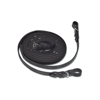 Eine schwarze geflochtene Hundeleine, ordentlich aufgerollt, mit einem Ledergriff und einem Metallverschluss, geeignet für das Training und den Spaziergang mit Haustieren.