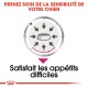 Image promouvant les soins de sensibilité alimentaire pour chiens avec une icône de bol et le texte : "Prenez soin de la sensibilité de votre chien" et "Répond aux appétits difficiles."