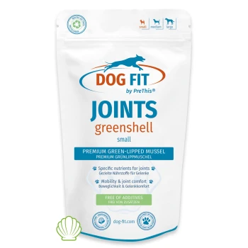 Weißer Beutel mit Aufschrift 'DOG FIT JOINTS greenshell small' — Premium Grünlippmuschel Gelenkergänzung für Hunde, frei von Zusatzstoffen.