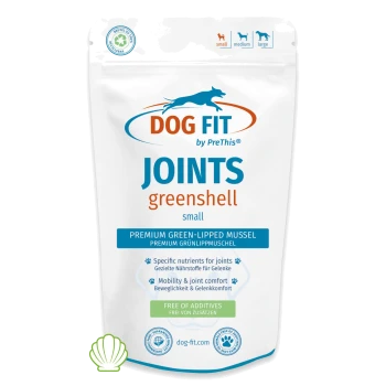 Weißer Beutel mit Aufschrift 'DOG FIT JOINTS greenshell small' — Premium Grünlippmuschel Gelenkergänzung für Hunde, frei von Zusatzstoffen.