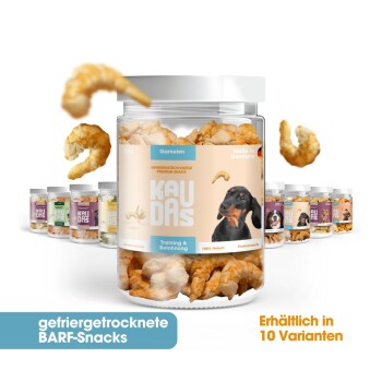 Ein Glas KAUDAS gefriergetrocknete Garnelen-Hundeleckerlis mit einem Hundebild, beschriftet "Training & Belohnung," vor anderen Leckerli-Gläsern.
