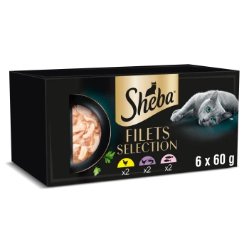 Sheba Filets Selection Katzenfutterbox (6 x 60 g) mit Bild einer grauen Katze, Foto zerkleinerter Filets und dem Text 'Sheba FILETS SELECTION'.