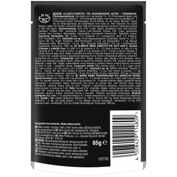 Verpackung für Nassfutter für Katzen mit einer detaillierten Zutatenliste, Nährwertinformationen und Fütterungsempfehlungen. Enthält Huhn, Leber und Schweinefleisch.
