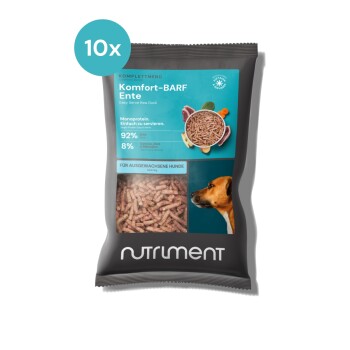 Verpackung für "Komfort-BARF Ente" Hundefutter, mit rohem Entenfleisch, 92% Protein, 8% andere Zutaten und einem Hundebild.