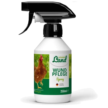 Flasche mit Hühner Land Wund Pflege Spray für Hühner, 250ml, mit einem Bild einer Henne und grünem Gras im Hintergrund.