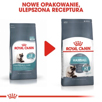 Obraz dwóch torebek karmy dla kotów Royal Canin obok siebie, oznaczonych "HAIRBALL CARE", prezentujących nowe opakowanie i ulepszoną formułę.