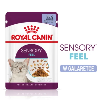 Torebka karmy dla kotów Royal Canin Sensory Feel, 85g, z twarzą szarego kota, kawałkami w galaretce i tekstem podkreślającym stymulację sensoryczną.