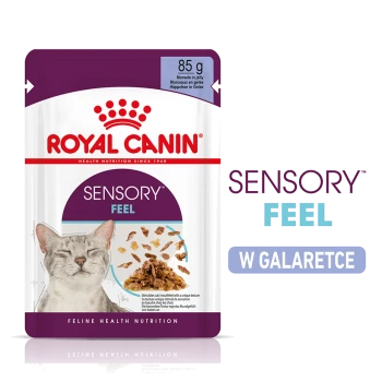 Torebka karmy dla kotów Royal Canin Sensory Feel, 85g, z twarzą szarego kota, kawałkami w galaretce i tekstem podkreślającym stymulację sensoryczną.