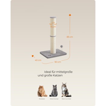 Katzenkratzbaum mit den Maßen 85 cm Höhe, 50 cm Breite und 40 cm Tiefe; ideal für mittelgroße bis große Katzen.