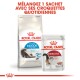 L'emballage Royal Canin montre de la nourriture sèche pour chats "Home Life Indoor Long Hair" et de la nourriture humide "Instinctive", avec un texte français sur le mélange.