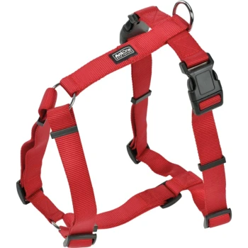 Rotes Haustiergeschirr mit verstellbaren Riemen und einem Clipverschluss, das einen Metall-D-Ring zur Leinenbefestigung hat.