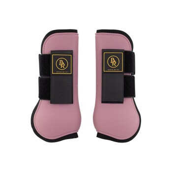 Rosa Pferdebeinschoner mit schwarzen Klettverschlüssen, mit einem goldenen Logo-Patch, das "BR" und einen Webseiten-Link zeigt.