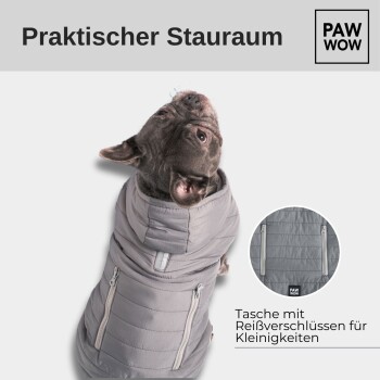 Ein Französischer Bulldogge in einer grauen Kapuzenjacke mit Reißverschlusstaschen. Text: "Praktischer Stauraum" und "Tasche mit Reißverschlüssen."