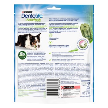 Sachet Purina Dentalife ActivFresh pour chiens montrant une photo de chien, bâtonnets dentaires verts, logo Purina et étiquette «115 g».