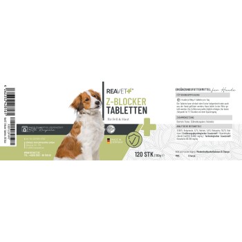 Reavet Z-Blocker-Tabletten für Hunde, mit einem Hund auf dem Etikett, mit Gebrauchsanweisungen und Nährwertinformationen auf Deutsch.
